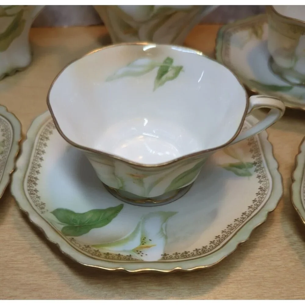 Antique RS Germany/Prussia Sugar Bowl Creamer 6 cups & 6‎ saucers Calla Lily